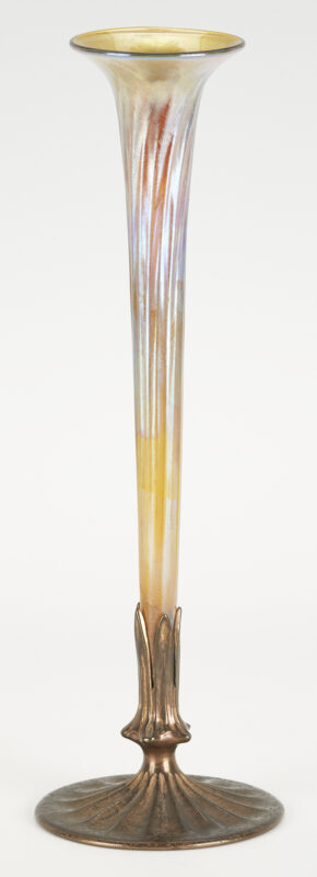 Lot 456: LCT Tiffany Favrile Louis Comfort Furnaces Art Glass Trumpet Vase w/ Gilt Bronze Base