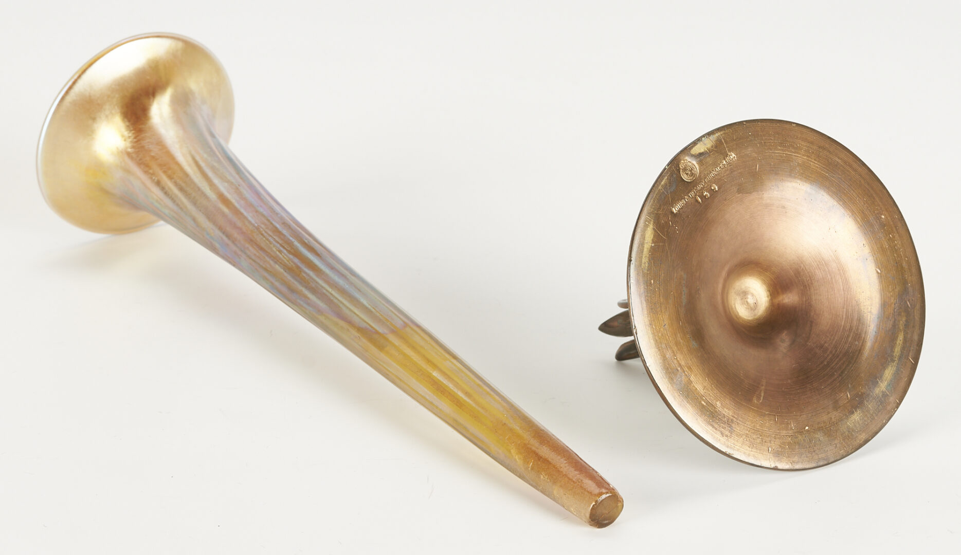 Lot 456: LCT Tiffany Favrile Louis Comfort Furnaces Art Glass Trumpet Vase w/ Gilt Bronze Base