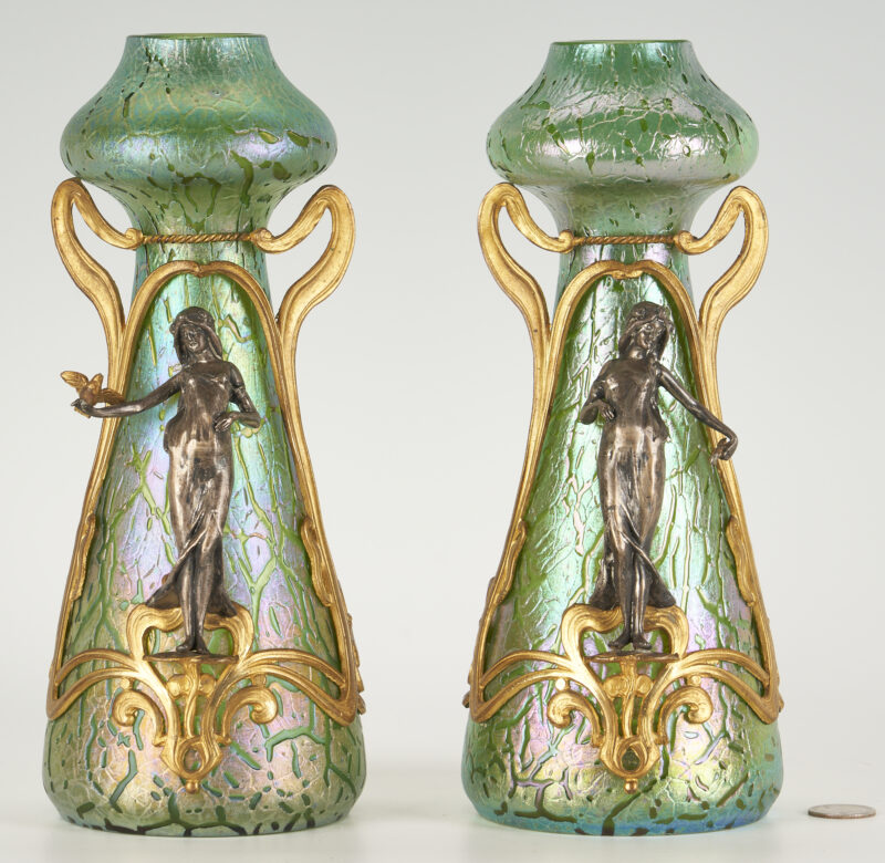 Lot 457: Pr. Loetz Art Nouveau Figural Overlay Crackle Iridescent Glass Vases