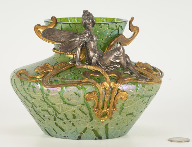 Lot 458: Loetz Art Nouveau Gilt Figural Fairy Mounted Crackle Iridescent Vase