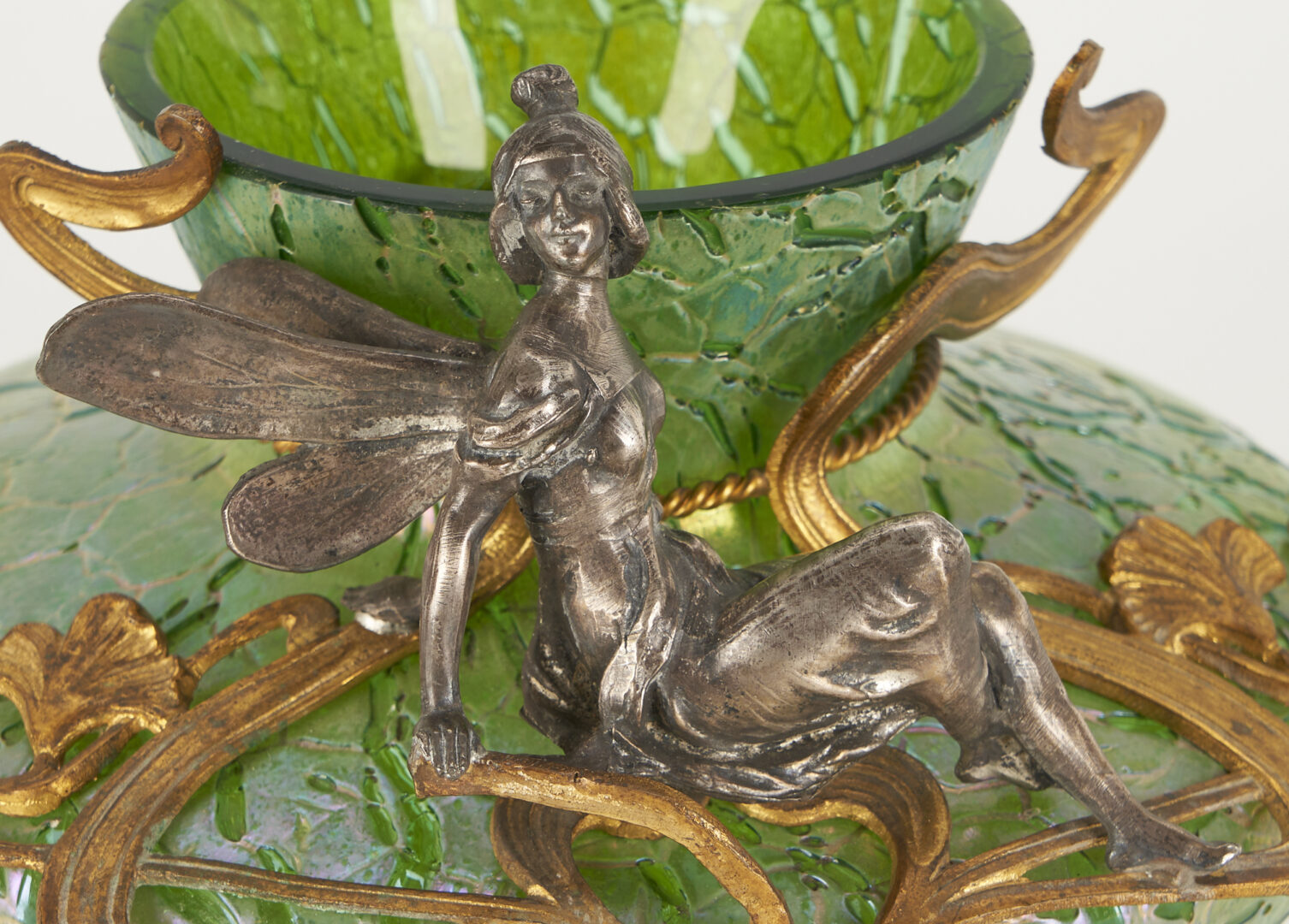Lot 458: Loetz Art Nouveau Gilt Figural Fairy Mounted Crackle Iridescent Vase