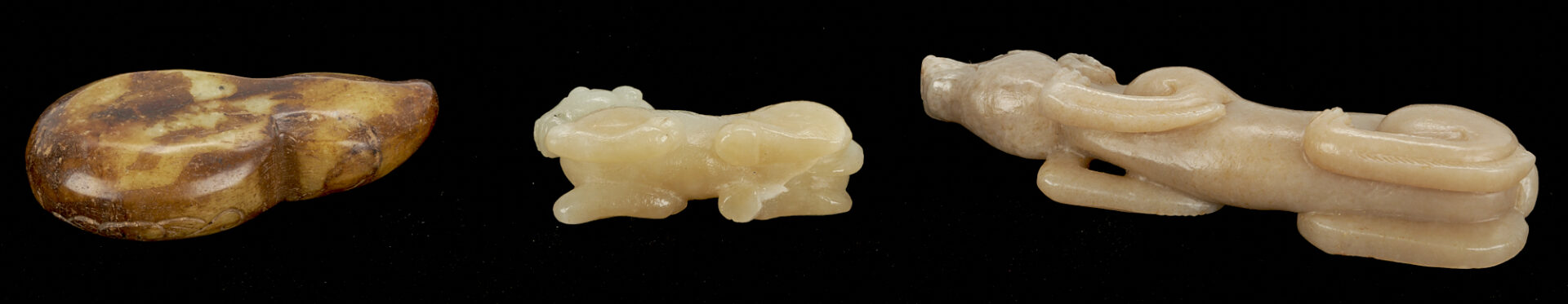 Lot 4: 3 Chinese Jade Figural Carvings, incl. Dog, Camel & Gourd