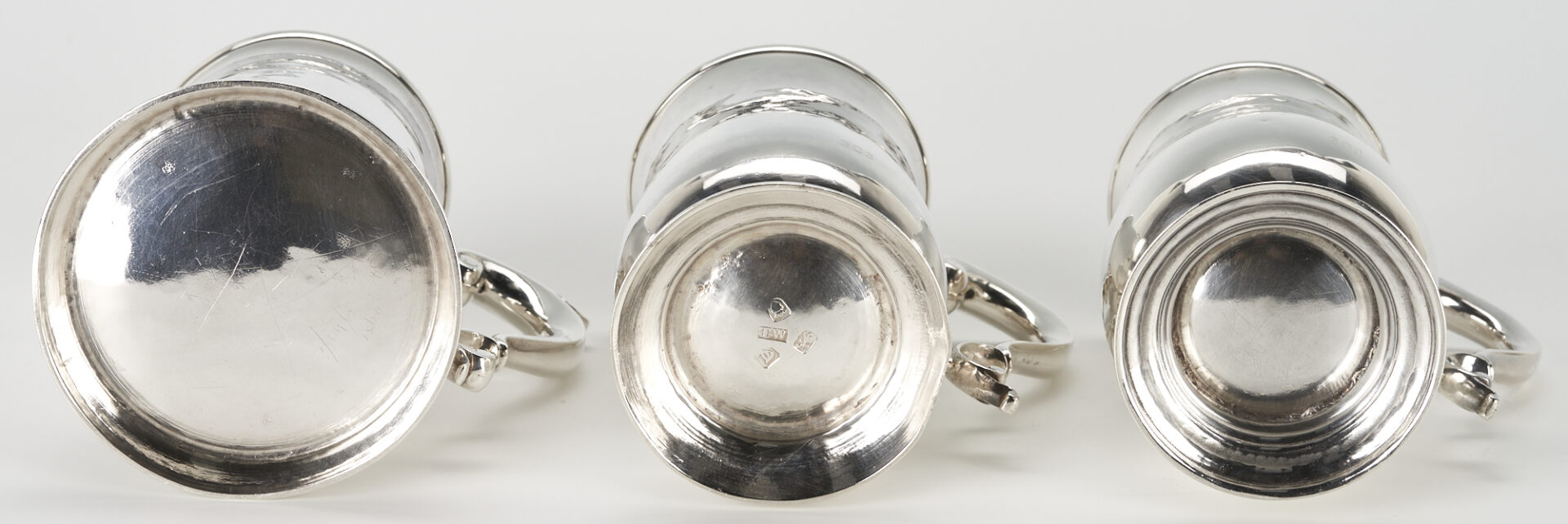 Lot 52: 3 English 18th C. Sterling Silver Mugs or Canns