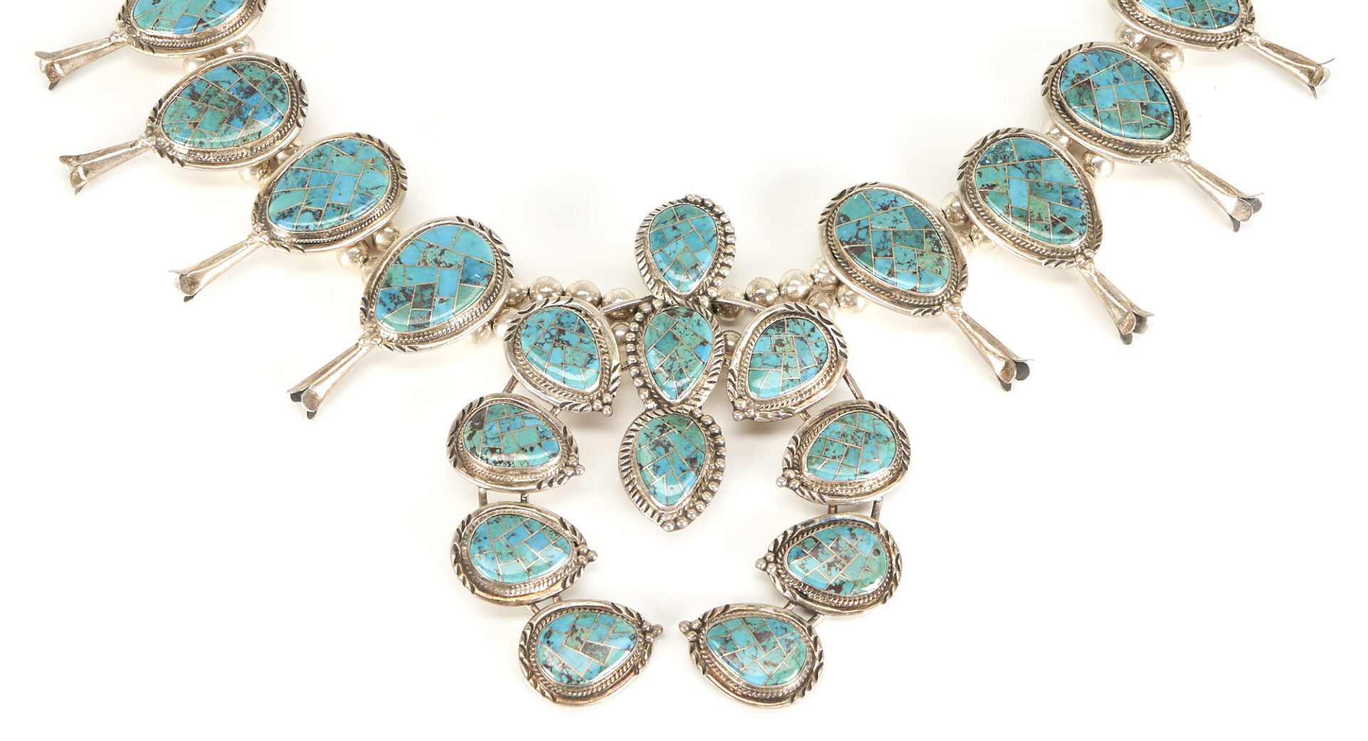 Lot 532: Native American Inlaid Turquoise & Silver Squash Blossom Necklace