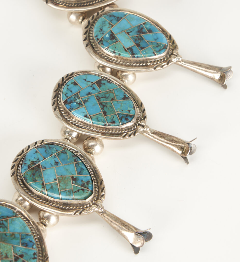 Lot 532: Native American Inlaid Turquoise & Silver Squash Blossom Necklace