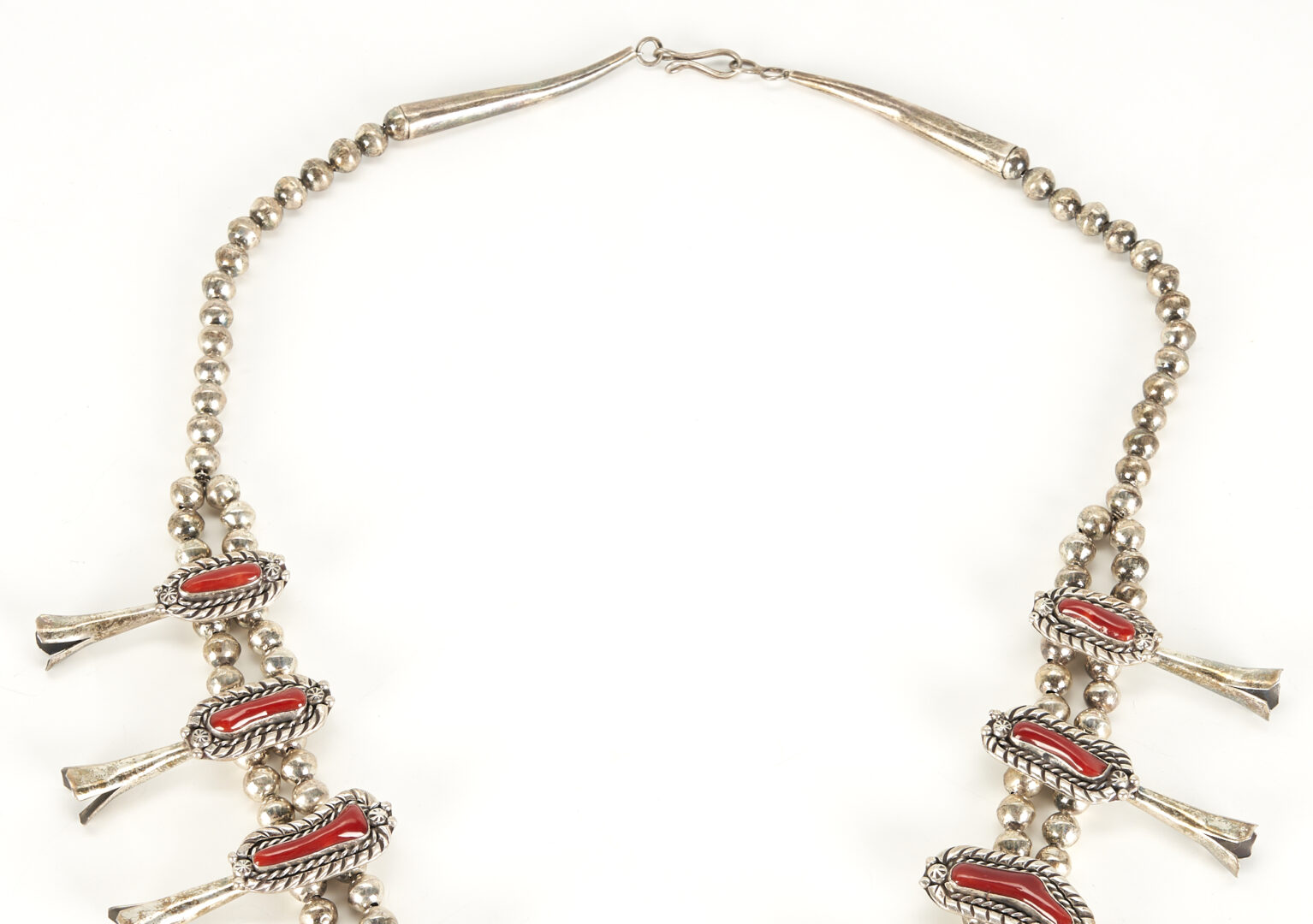Lot 534: Navajo Coral & Silver Squash Blossom Necklace w/ Delbert Chatter Earrings