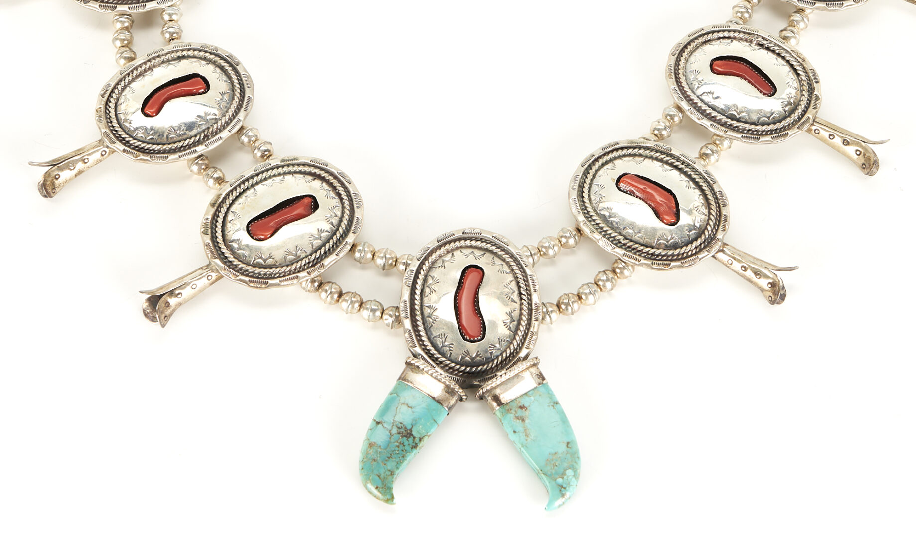 Lot 535: Navajo Turquoise, Coral  & Silver Squash Blossom Necklace