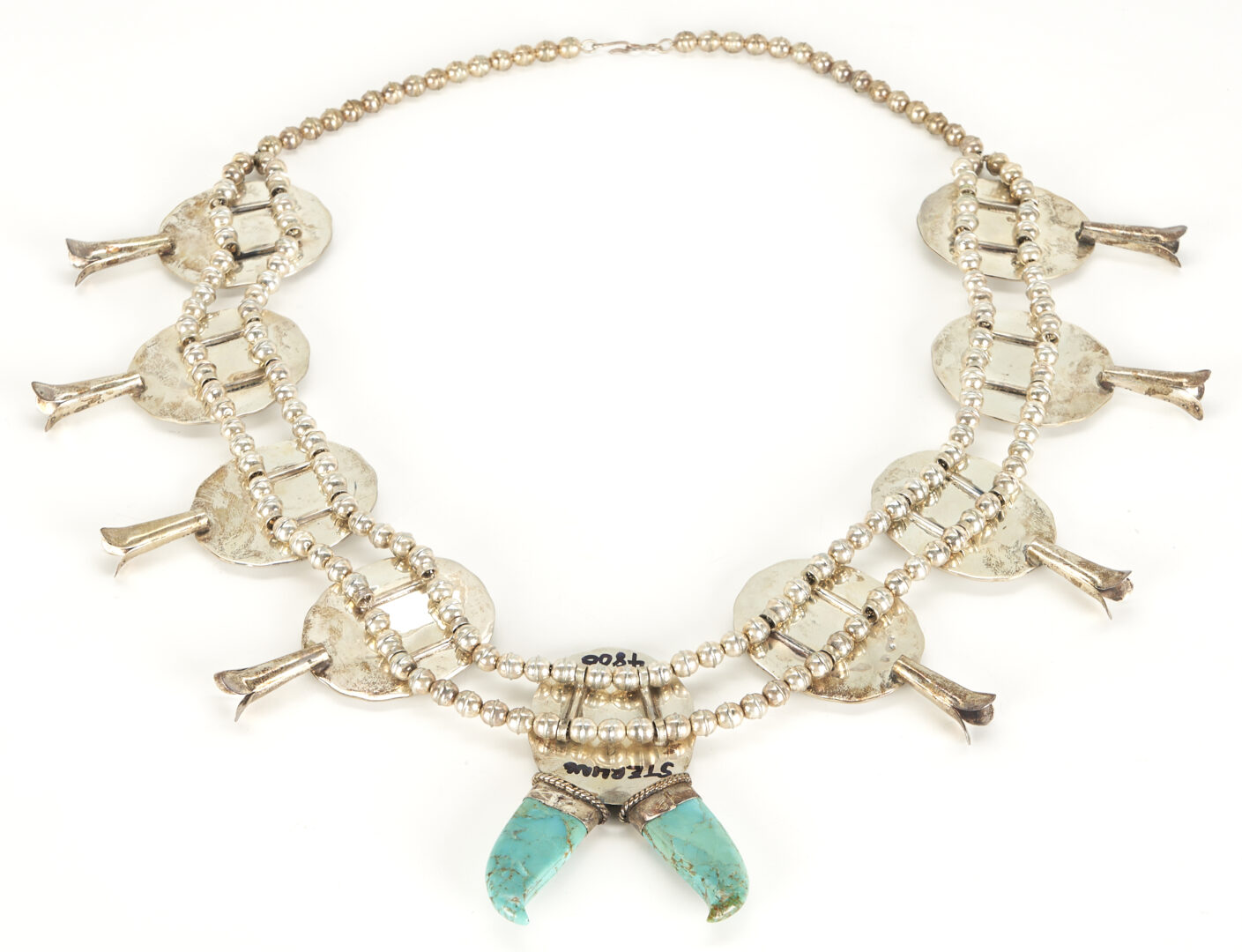 Lot 535: Navajo Turquoise, Coral  & Silver Squash Blossom Necklace