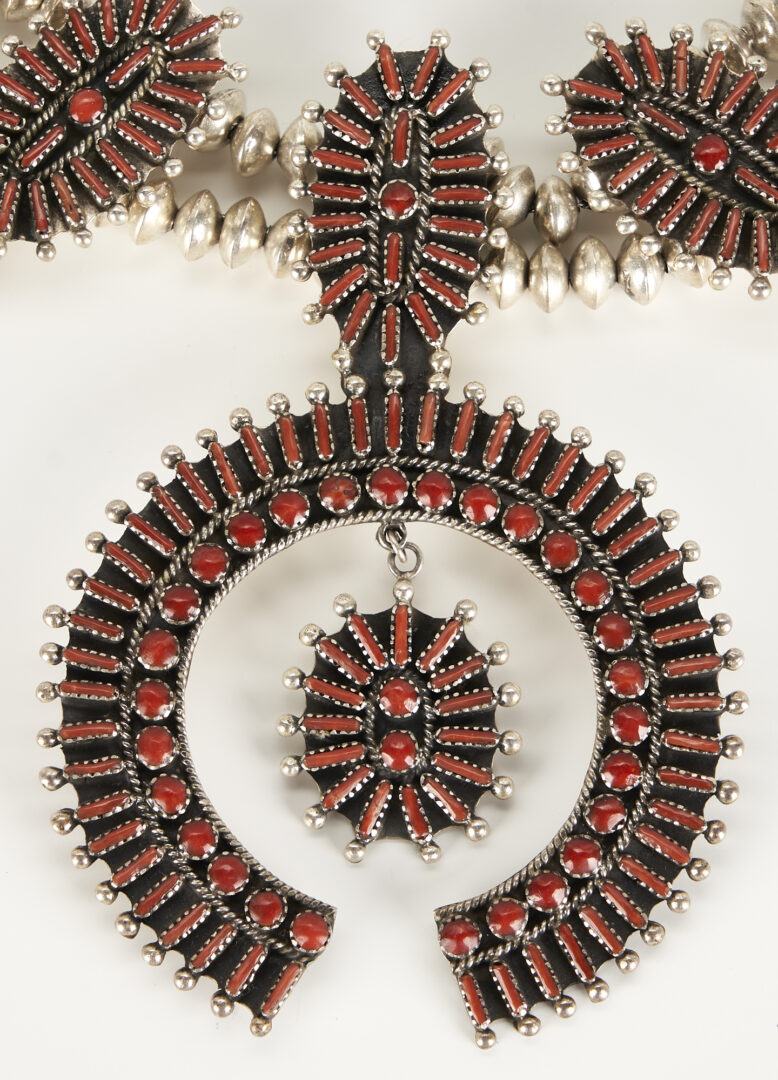 Lot 537: Navajo Needlepoint Coral & Silver Squash Blossom Necklace, possibly Delbert Chatter