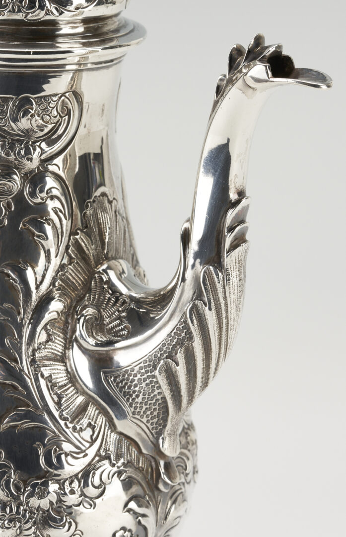 Lot 53: George III Sterling Silver Armorial Coffee Pot c. 1772