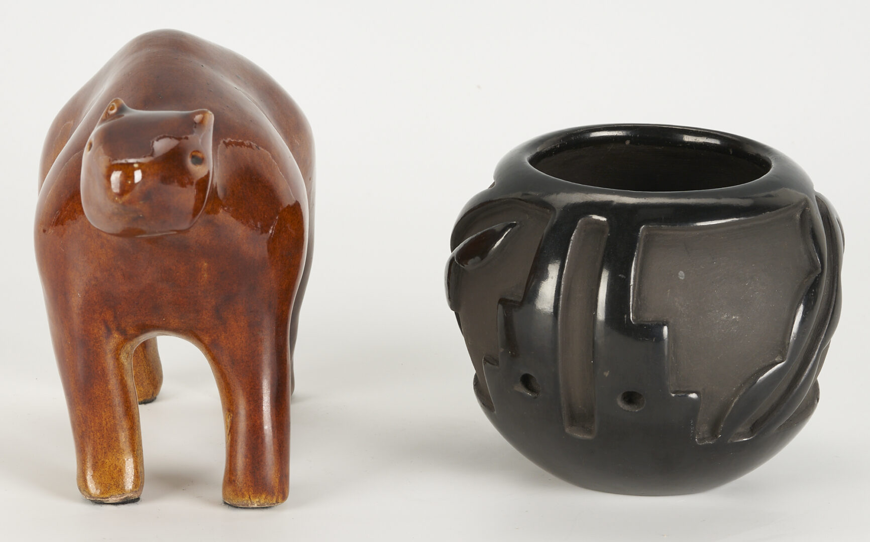 Lot 543: Native American Santa Clara Blackware Jar & Ceramic Bear