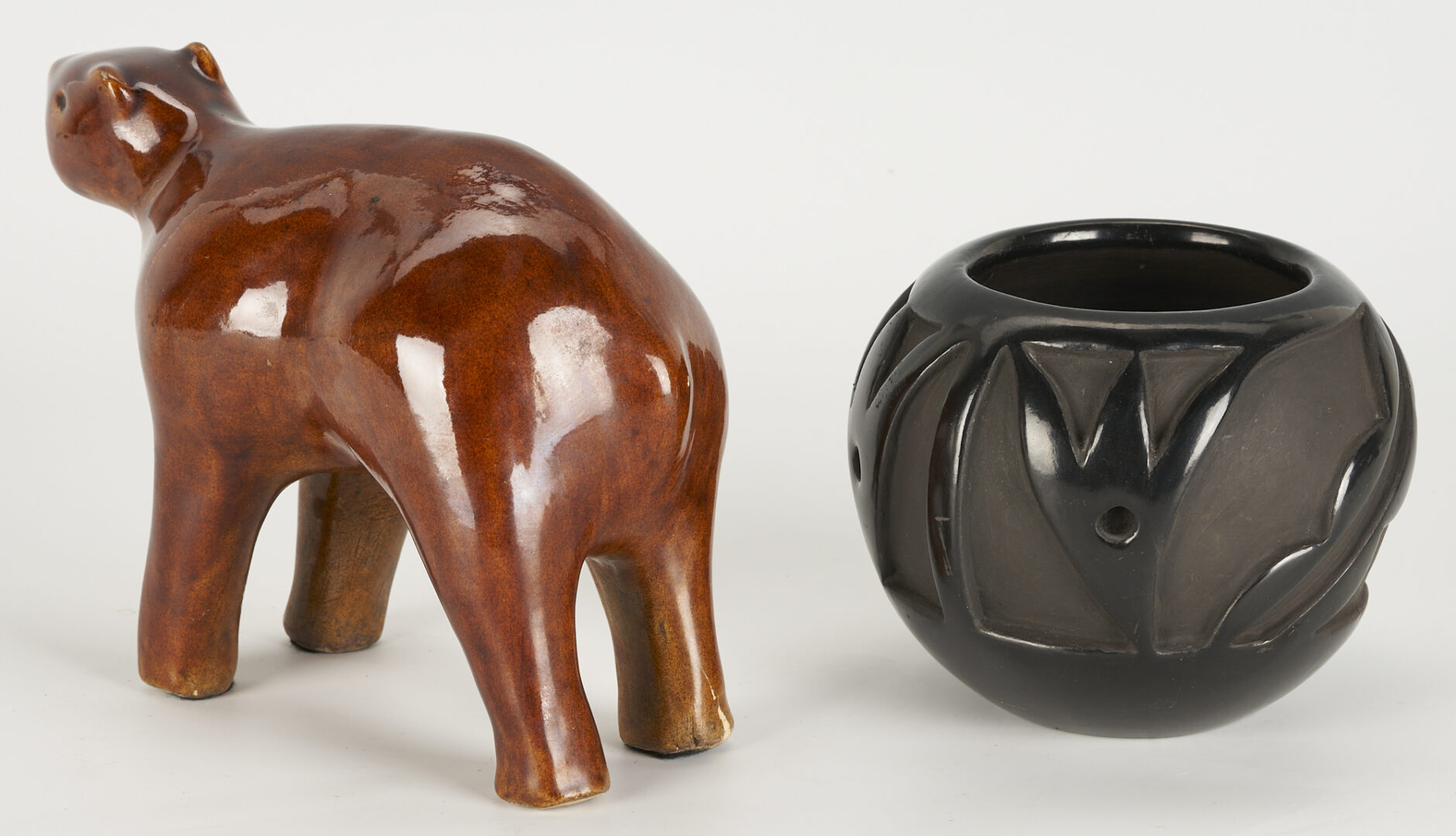 Lot 543: Native American Santa Clara Blackware Jar & Ceramic Bear