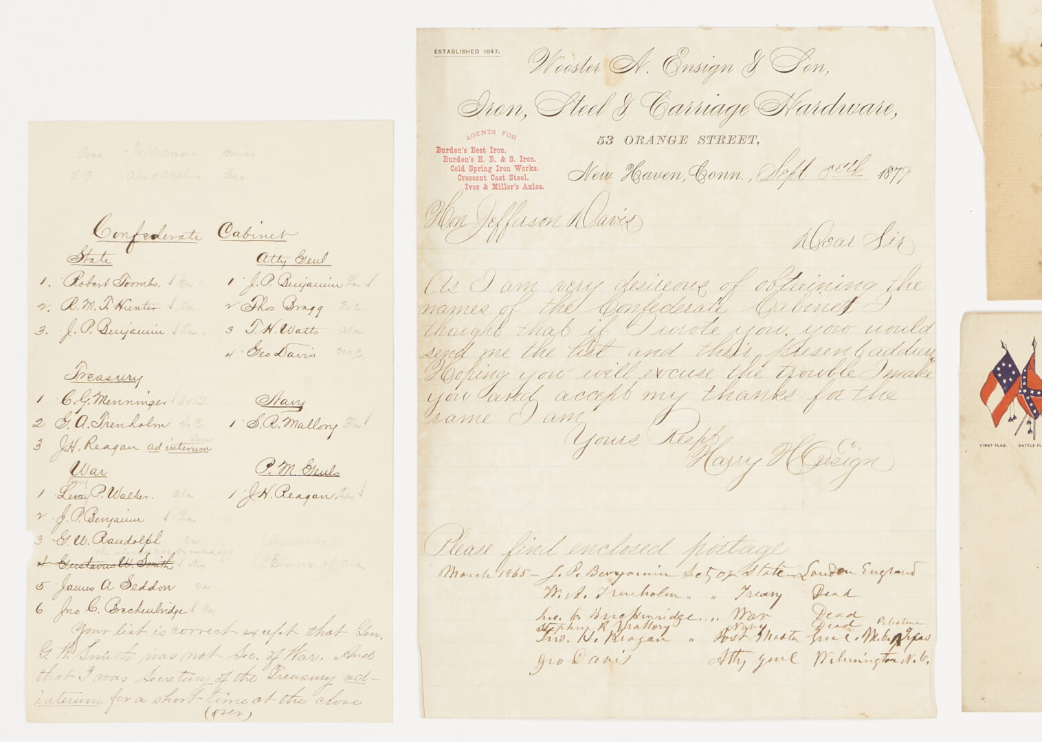 Lot 555: Jefferson Davis, Toombs & Reagan Post Civil War Letters and Ephemera
