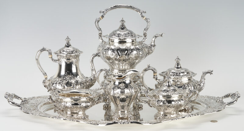 Lot 55: Gorham 7 pc  Silver Tea Set with Sterling Tray, 393 oz.