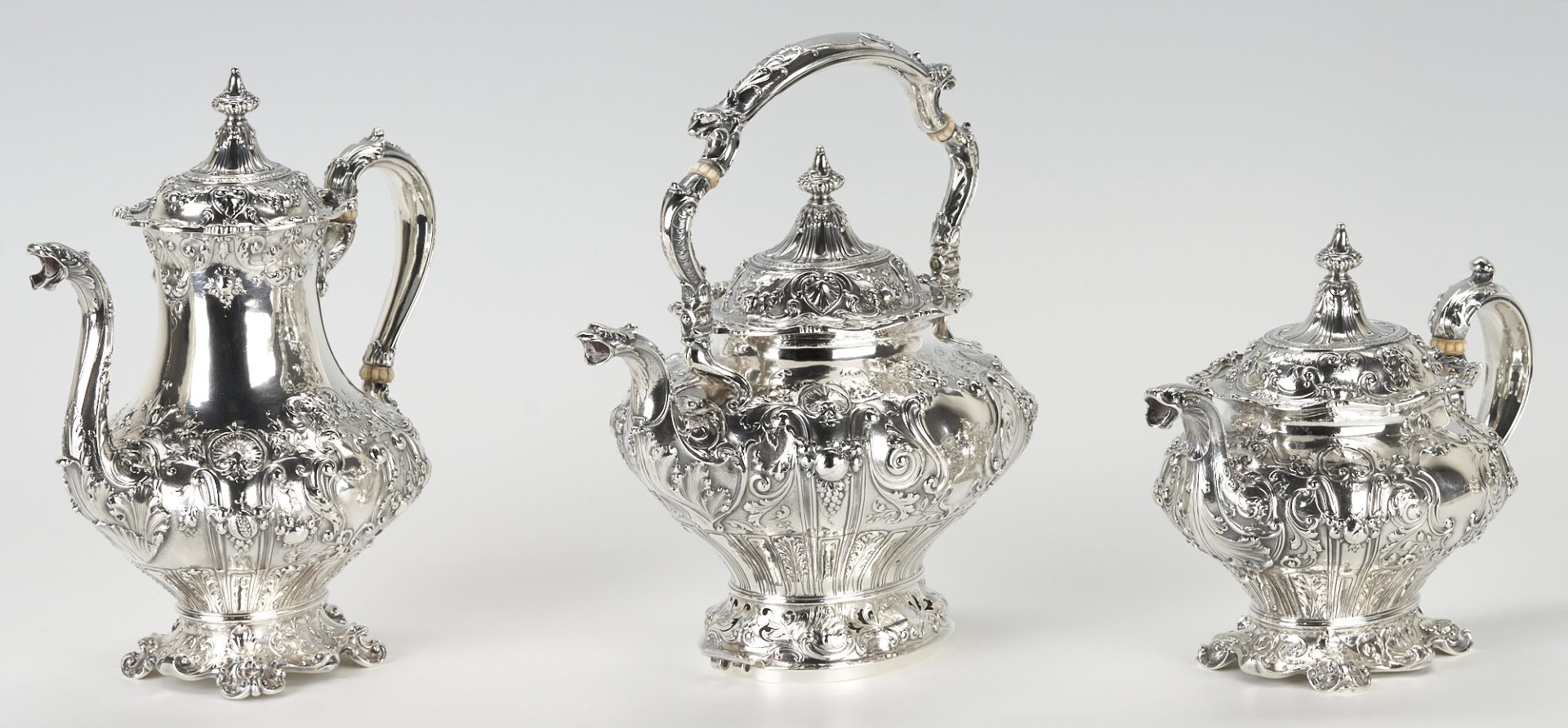 Lot 55: Gorham 7 pc  Silver Tea Set with Sterling Tray, 393 oz.