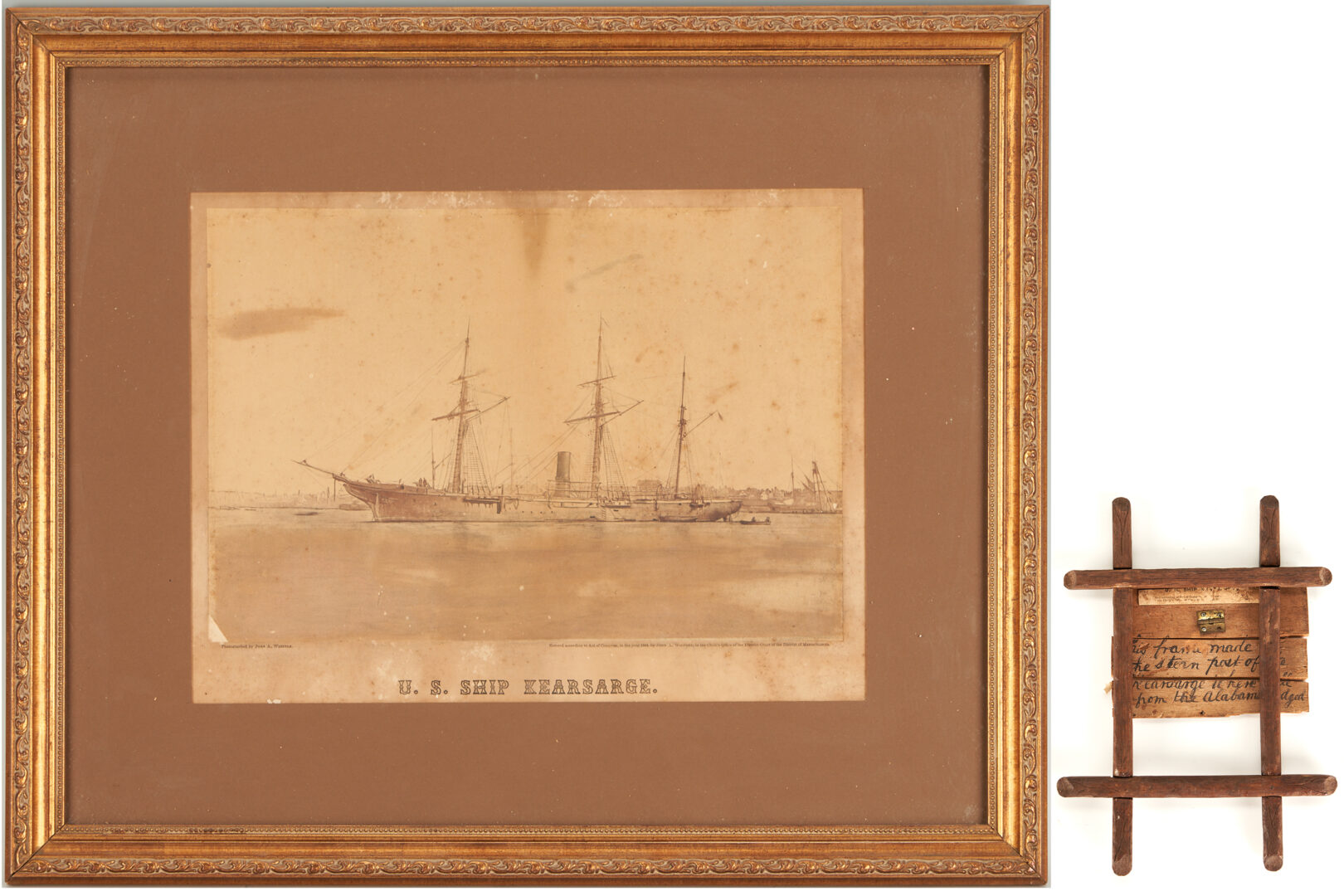 Lot 565: USS Kearsarge Wood Relic Frame and Marine Painting