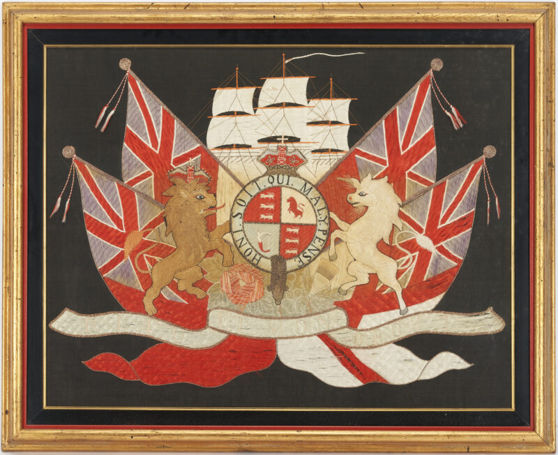 Lot 589: British Naval Royal Coat of Arms Needlework Embroidery