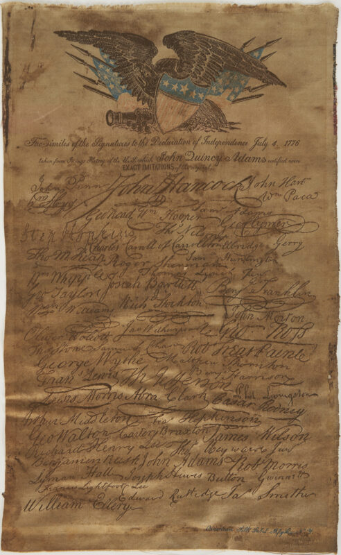Lot 594: Rare 19th C. Silk Ribbon Copy of The Declaration of Independence