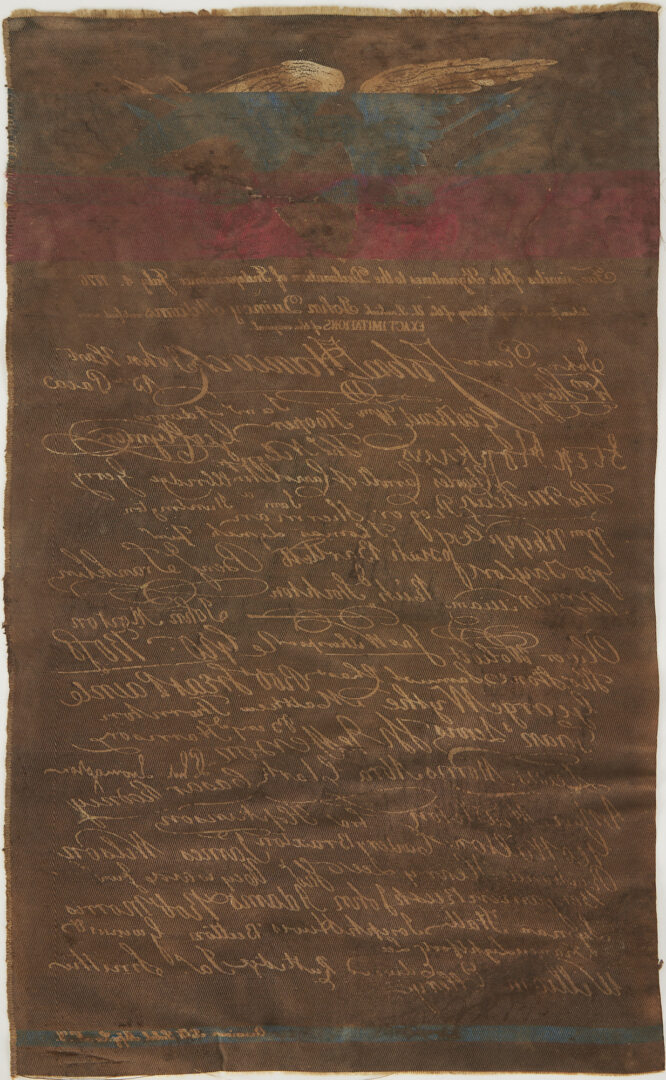 Lot 594: Rare 19th C. Silk Ribbon Copy of The Declaration of Independence