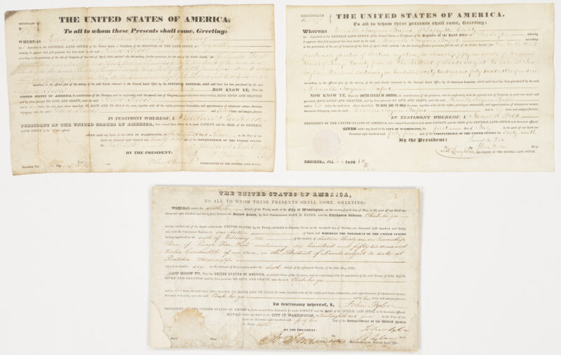 Lot 599: 3 Presidential Land Grants, incl. Native American Chickasaw Pontotoc MS