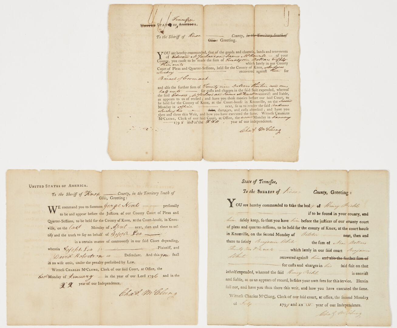 Lot 600: 7 Knoxville 18th Century Charles McClung signed Legal Documents