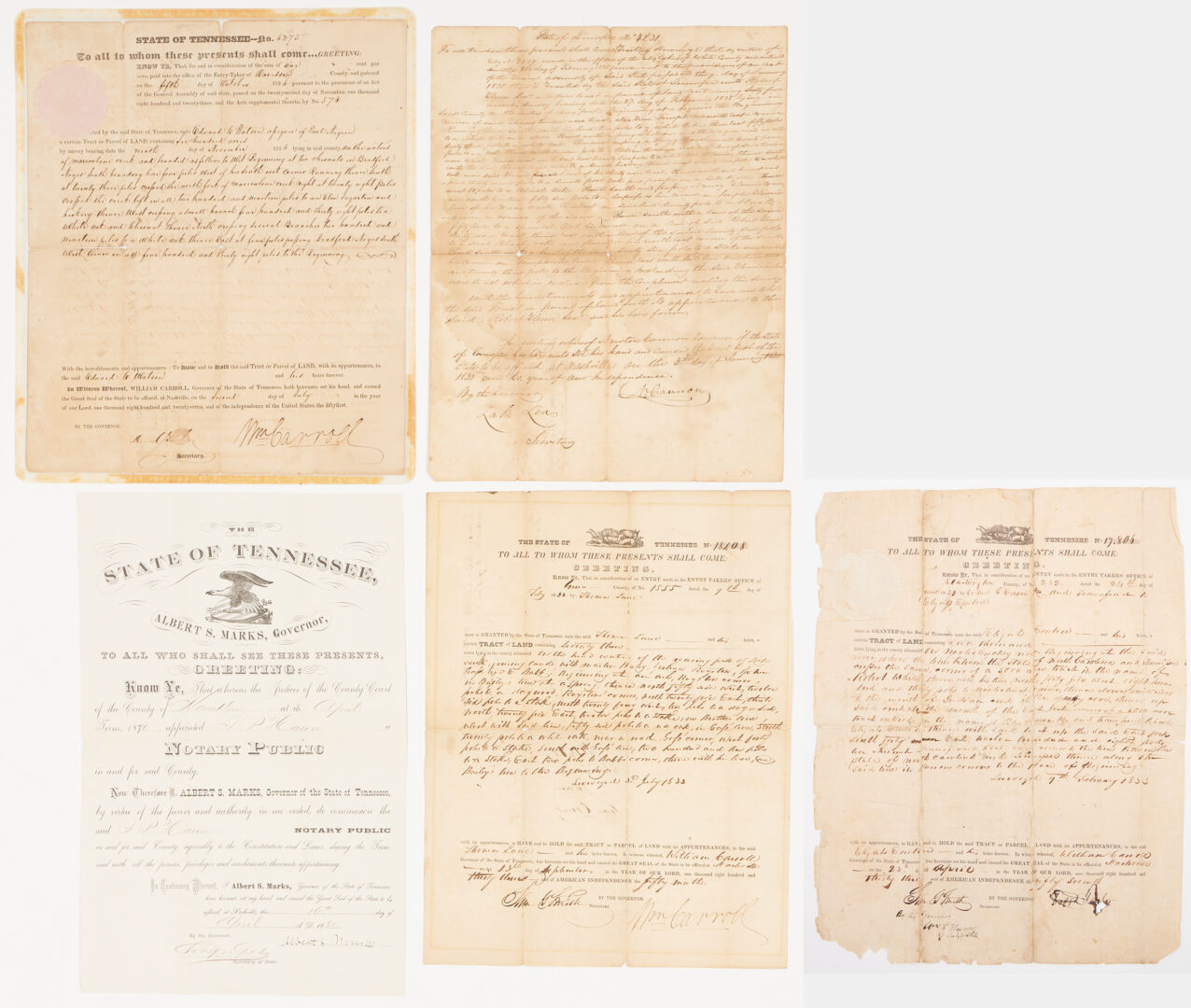 Lot 603: Grouping of 4 Tennessee Land Grants & Notary Public Appointment