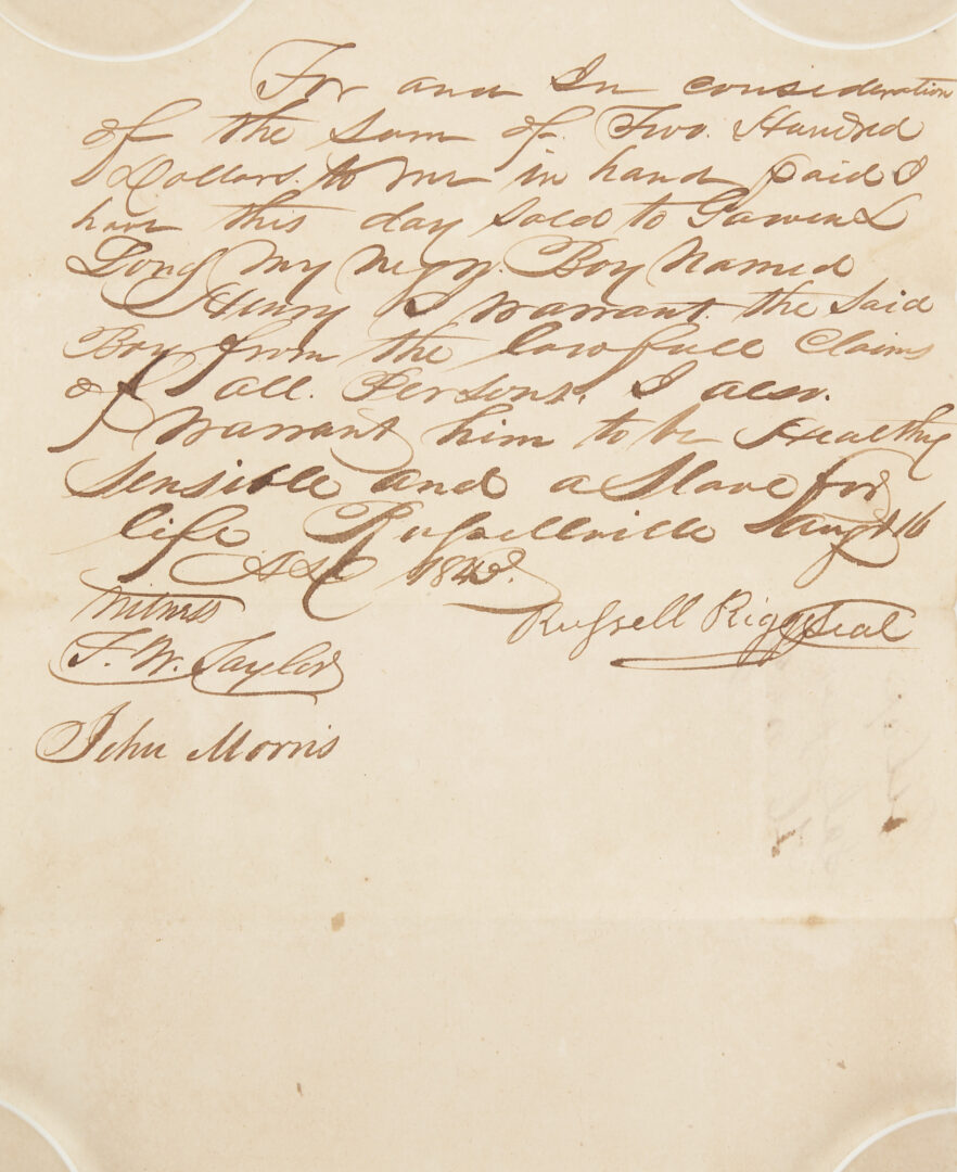 Lot 607: 3 TN & NC Slave Bills of Sale, 1840s