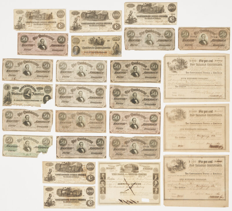 Lot 654: Grouping of Confederate Currency & Bonds, 25 items