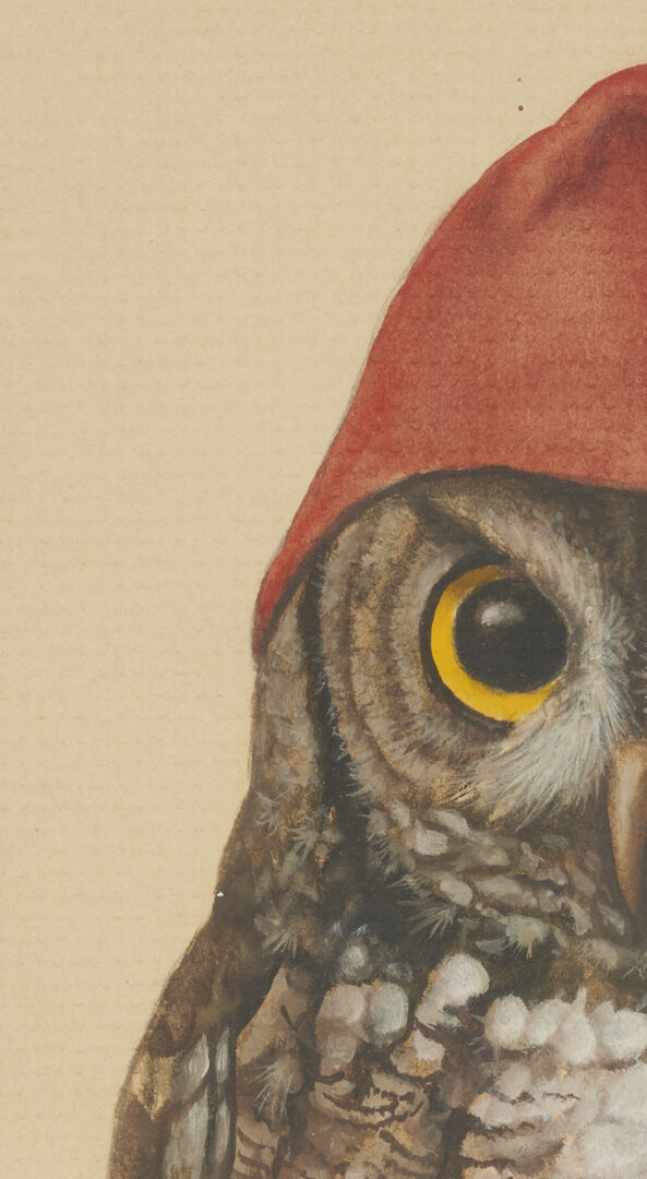 Lot 658: Werner Wildner Watercolor Painting, Owl in Red Cap, Illustration history