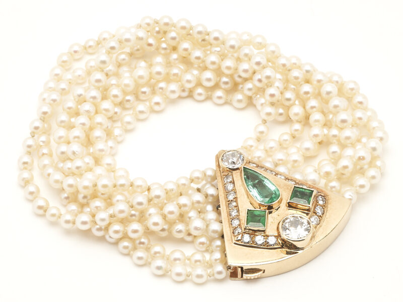 Lot 698: 14K Diamond, Emerald, & Pearl Designer Bracelet