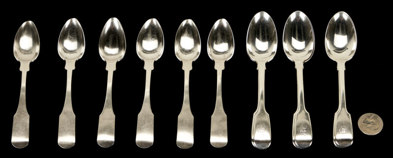 Lot 69: 6 Samuel Bell Coin Silver Spoons plus 12 pcs English Sterling Spoons, 12 items