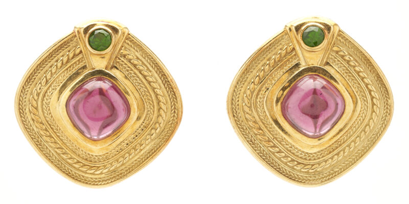 Lot 702: 18K Gold & Gemstone Byzantine Style Earrings