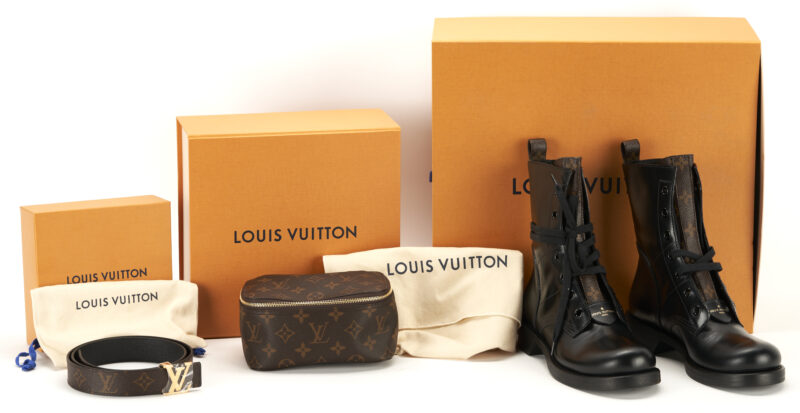 Lot 748: 3 Louis Vuitton Items, incl. Metropolis Flat Ranger Boots, Packing Cube PM, Logo Belt