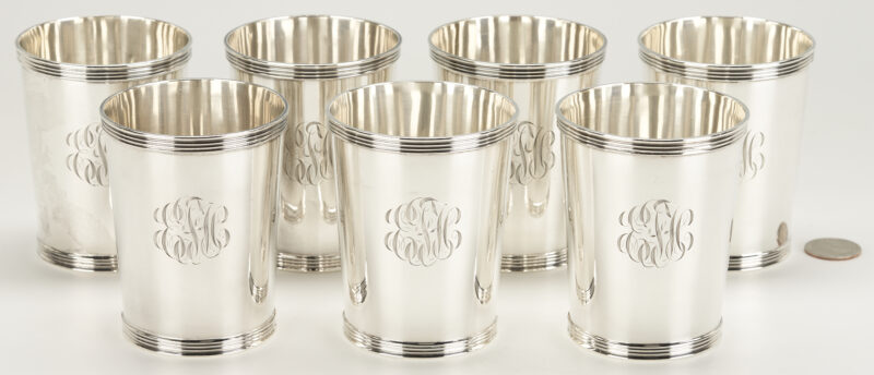 Lot 77: 7 Frank Smith Sterling Julep Cups Retailed by Bogaert, Lexington