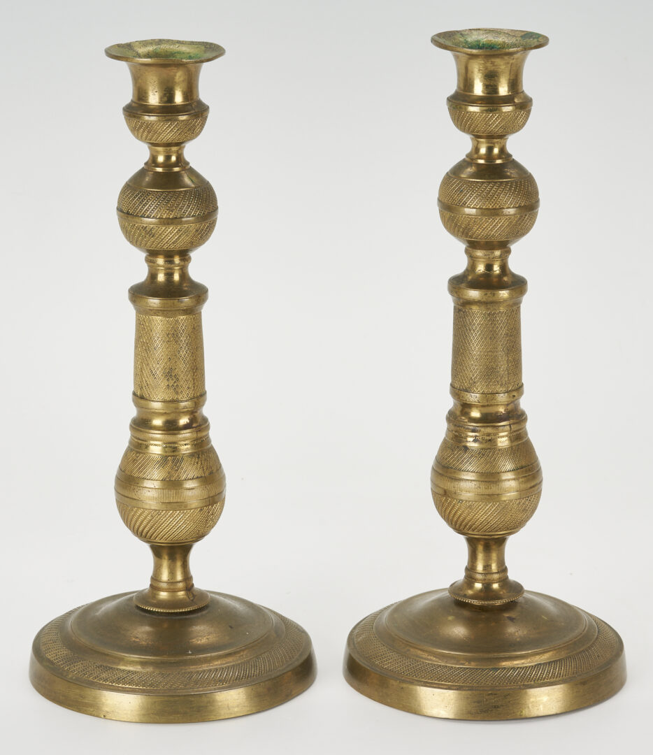 Lot 796: 4 Gilt Bronze & Brass Items, incl. Pr. Candlesticks, Alter Torchiere, & Easel