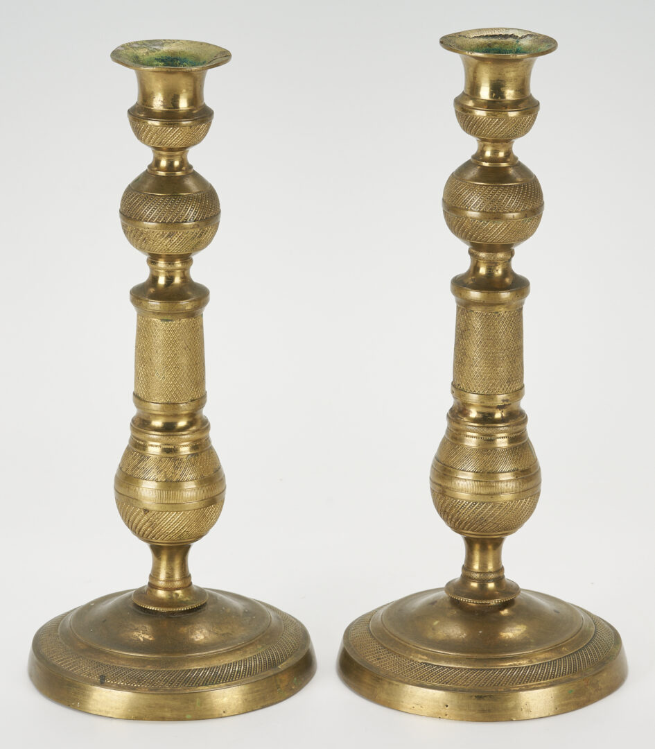 Lot 796: 4 Gilt Bronze & Brass Items, incl. Pr. Candlesticks, Alter Torchiere, & Easel
