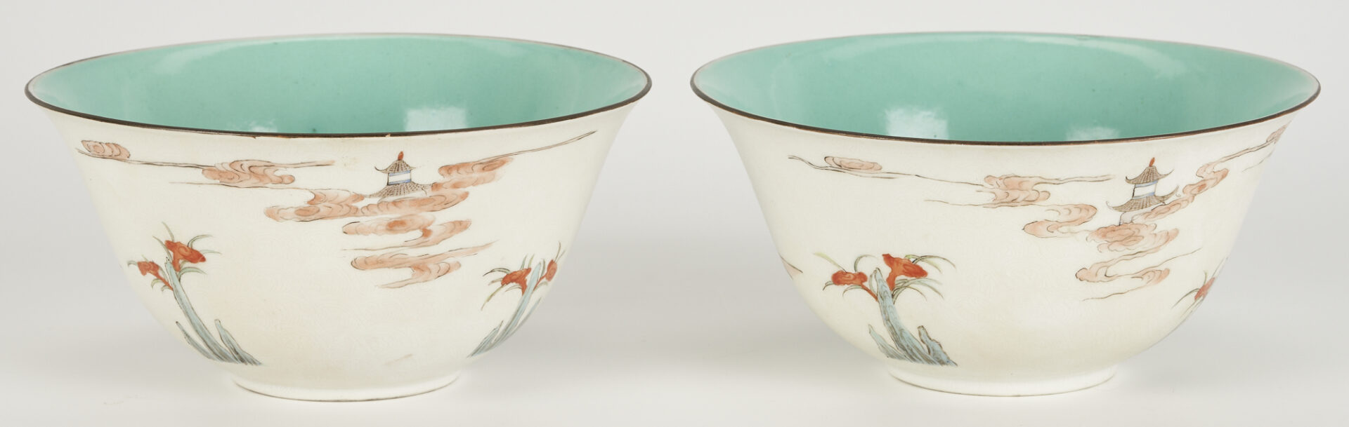 Lot 7: Pr. Chinese Porcelain Bowls with Turquoise Glaze and Figural Decoration