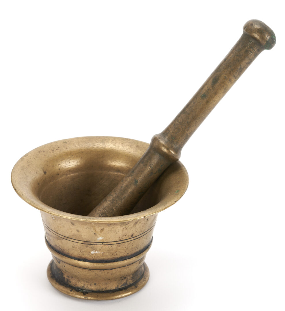 Lot 834: Brass Mortar & Pestle with Painted Mount or Holder