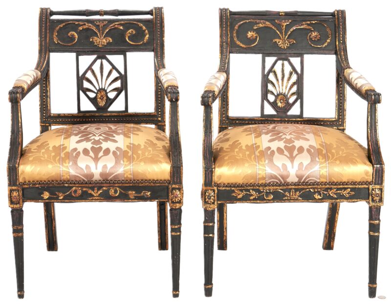 Lot 841: 2 English Regency Parcel Gilt Painted Decorated Armchairs