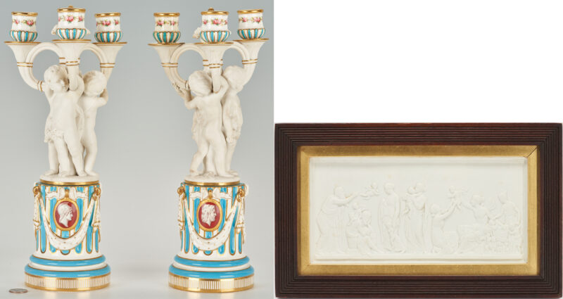 Lot 851: Pr. English Minton Figural Candelabra & Classical Bing & Grondahl Parian Plaque