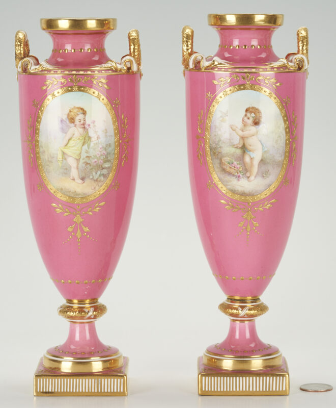 Lot 853: Pair English Minton Porcelain Vases w/ Pink Grounds