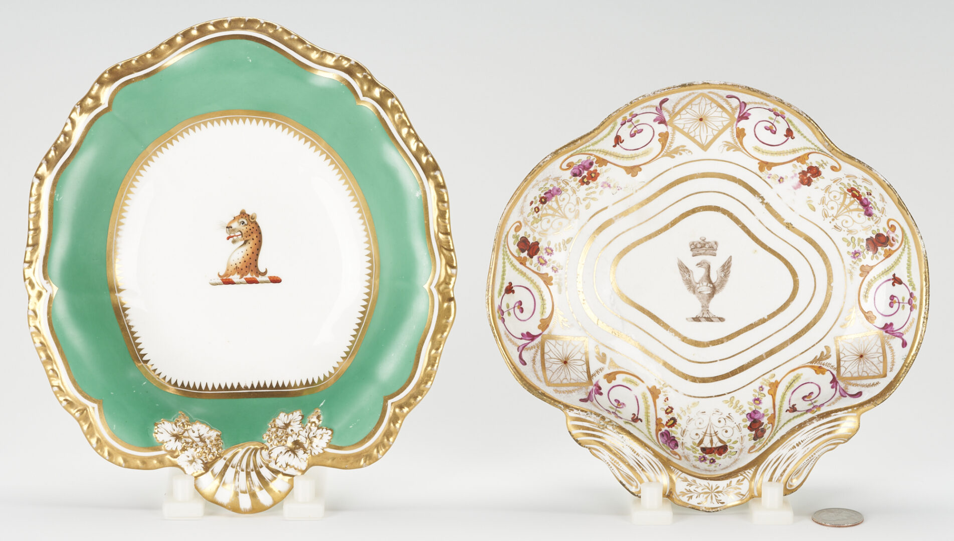 Lot 856: 5 Continental Porcelain Items Incl Armorial Dishes, Needle Case, and 2 Perfume Bottles