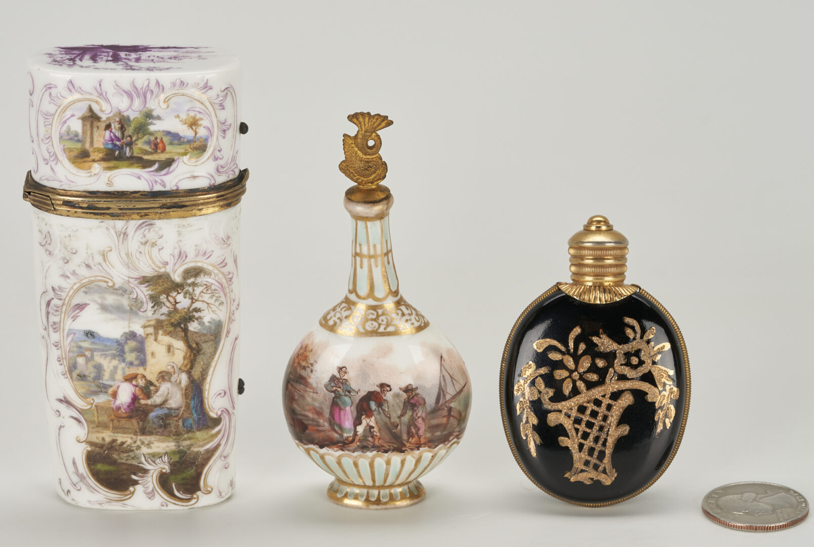 Lot 856: 5 Continental Porcelain Items Incl Armorial Dishes, Needle Case, and 2 Perfume Bottles