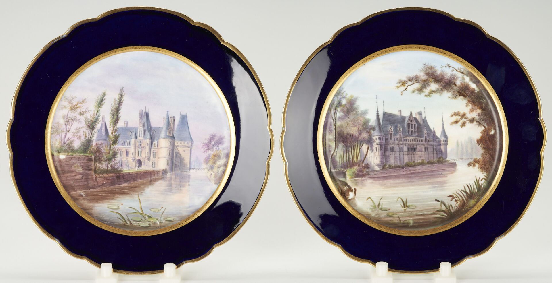 Lot 859: 4 French Porcelain Items inc. Sevres Cup and Saucer, 2 Scenic Plates