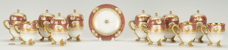 Lot 860: 12 Pcs. Dresden Porcelain Pots de Creme & Saucer Decorated by Heufel