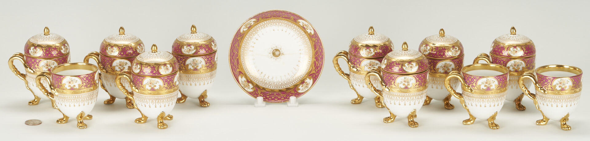 Lot 860: 12 Pcs. Dresden Porcelain Pots de Creme & Saucer Decorated by Heufel