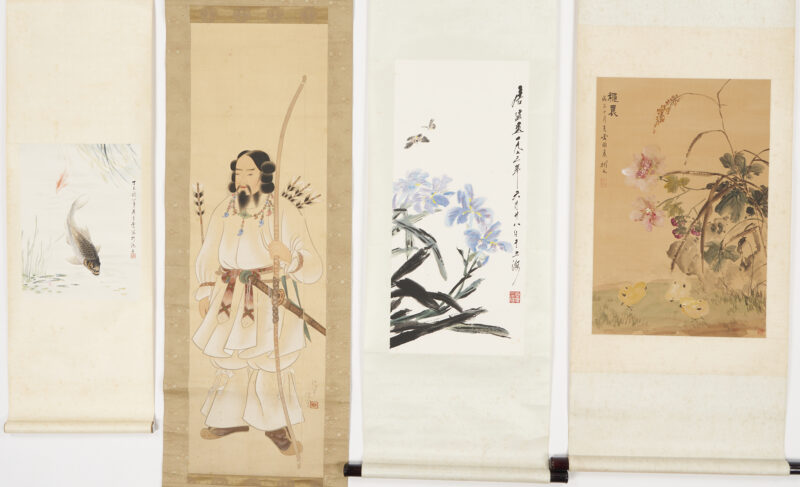 Lot 872: 4 Asian Watercolor Silk Scroll Paintings