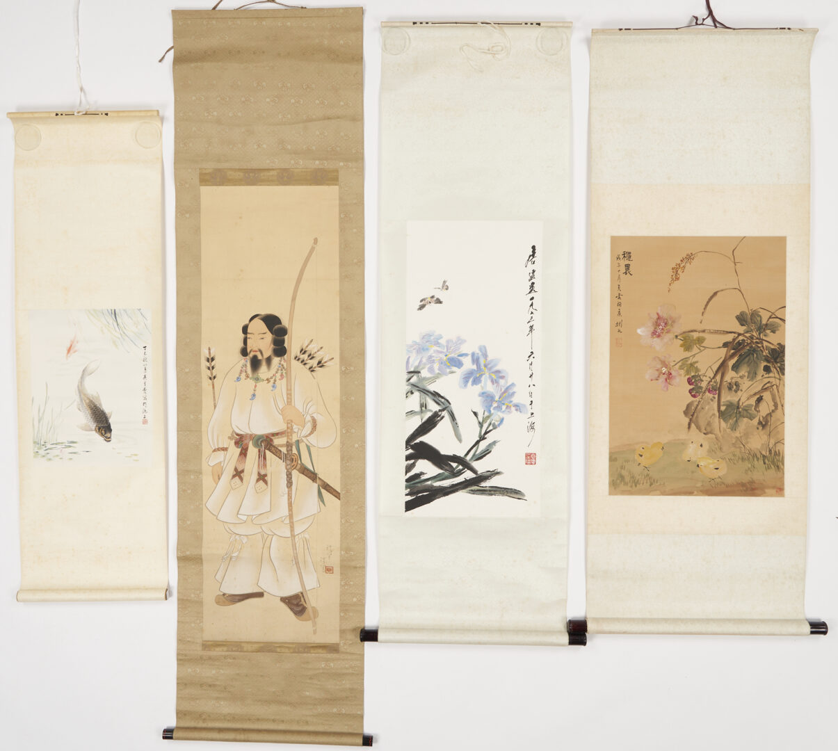 Lot 872: 4 Asian Watercolor Silk Scroll Paintings