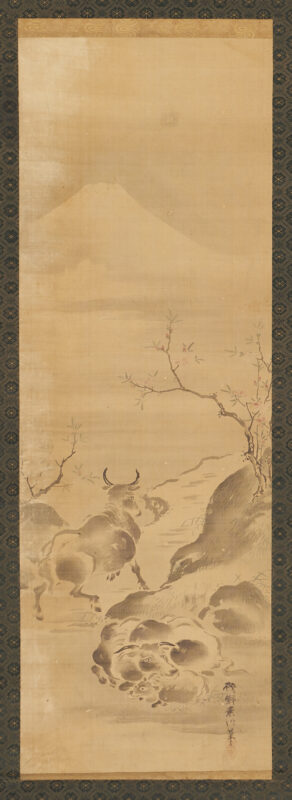 Lot 874: Japanese Scroll Painting, Bulls at Mt. Fuji