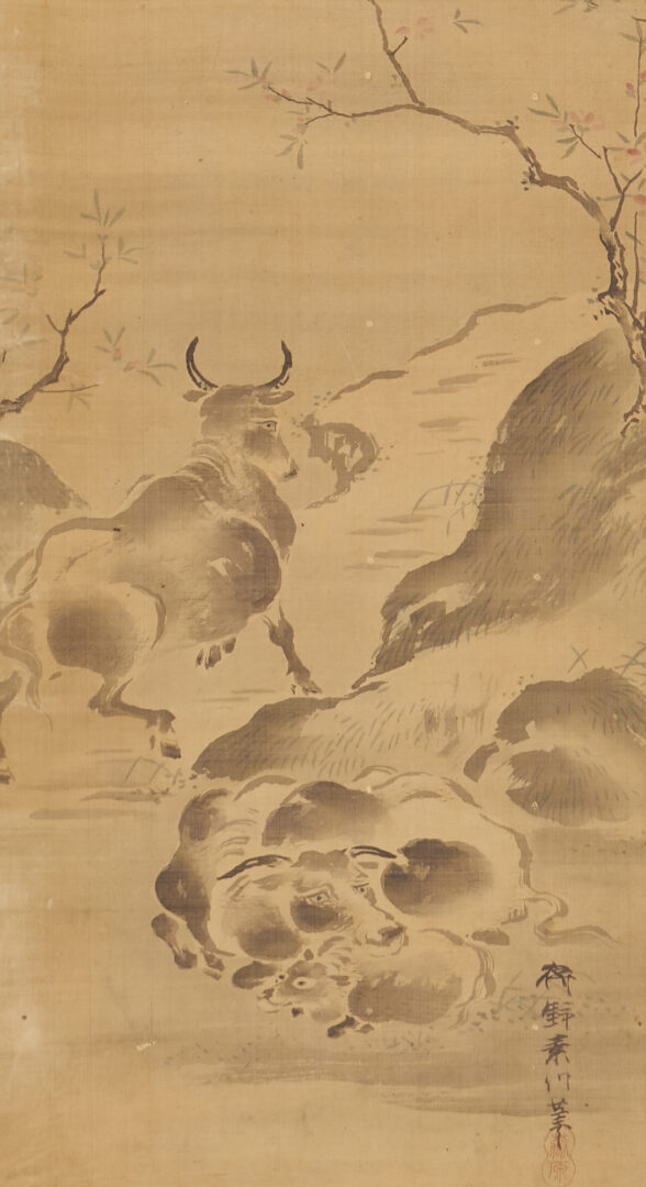 Lot 874: Japanese Scroll Painting, Bulls at Mt. Fuji